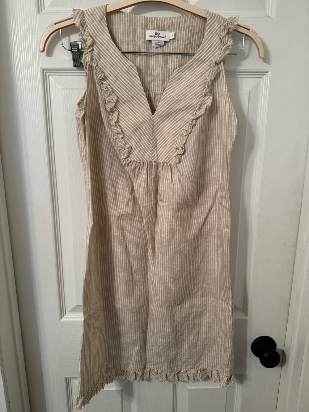 Vineyard Vines Cream and White Striped Ruffle Midi Dress - 100% Linen